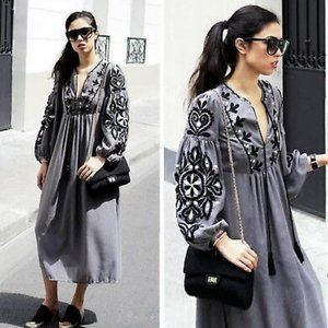 ZARA Woman Grey Embroidered Long Sleeves maxi dress hippie festival boho.  SZ S